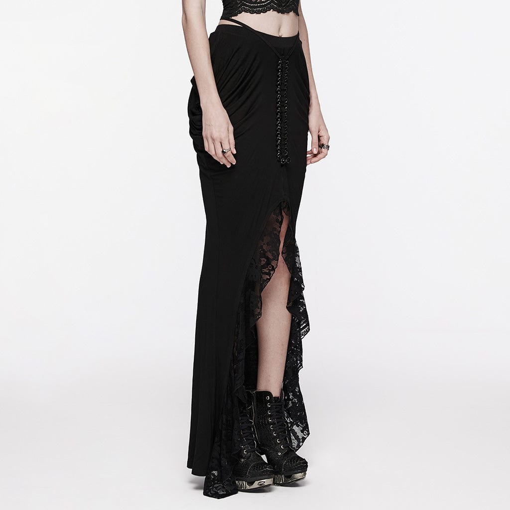 PUNK RAVE Women's Gothic Irregular Ruched Lace Splice Wrap Skirt