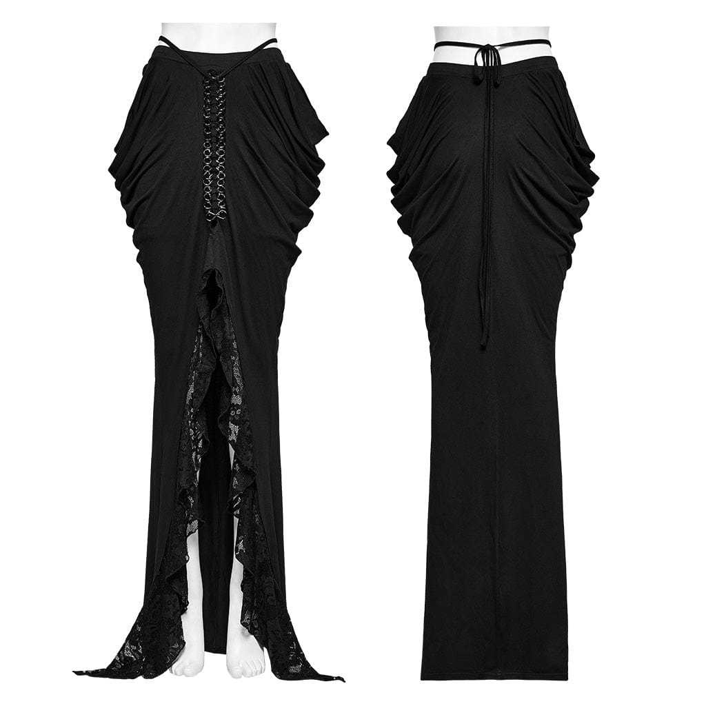 PUNK RAVE Women's Gothic Irregular Ruched Lace Splice Wrap Skirt