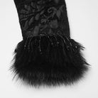 PUNK RAVE Women's Gothic Jacquard Lace-up Faux Fur Trim Long Jacket Black