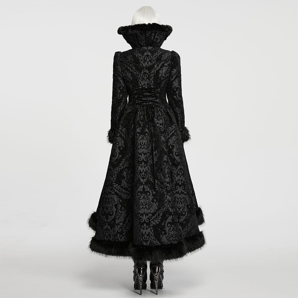 PUNK RAVE Women's Gothic Jacquard Lace-up Faux Fur Trim Long Jacket Black