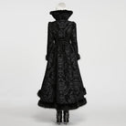 PUNK RAVE Women's Gothic Jacquard Lace-up Faux Fur Trim Long Jacket Black