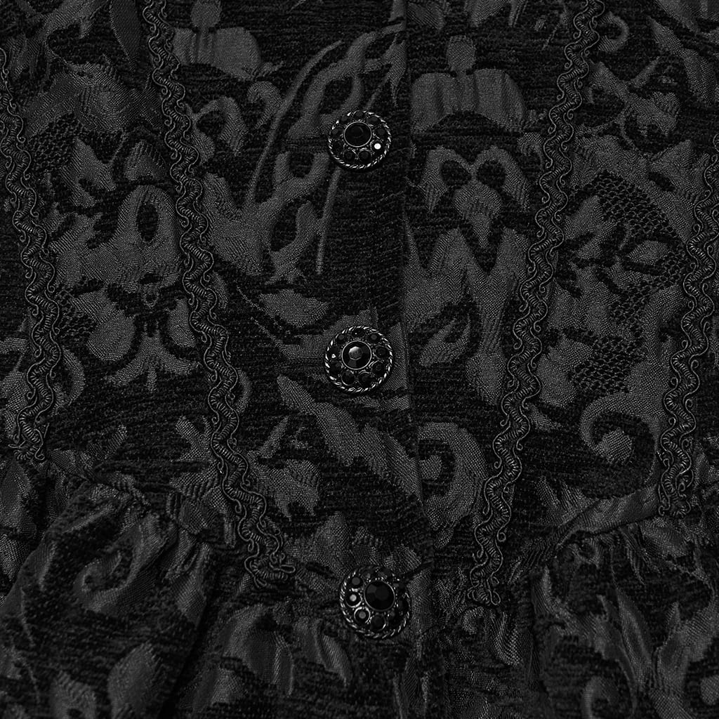 PUNK RAVE Women's Gothic Jacquard Lace-up Faux Fur Trim Long Jacket Black