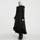 PUNK RAVE Women's Gothic Jacquard Lace-up Faux Fur Trim Long Jacket Black