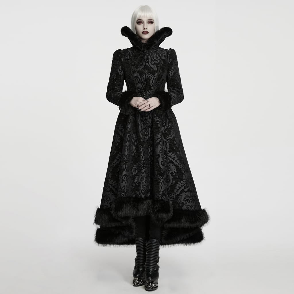 PUNK RAVE Women's Gothic Jacquard Lace-up Faux Fur Trim Long Jacket Black