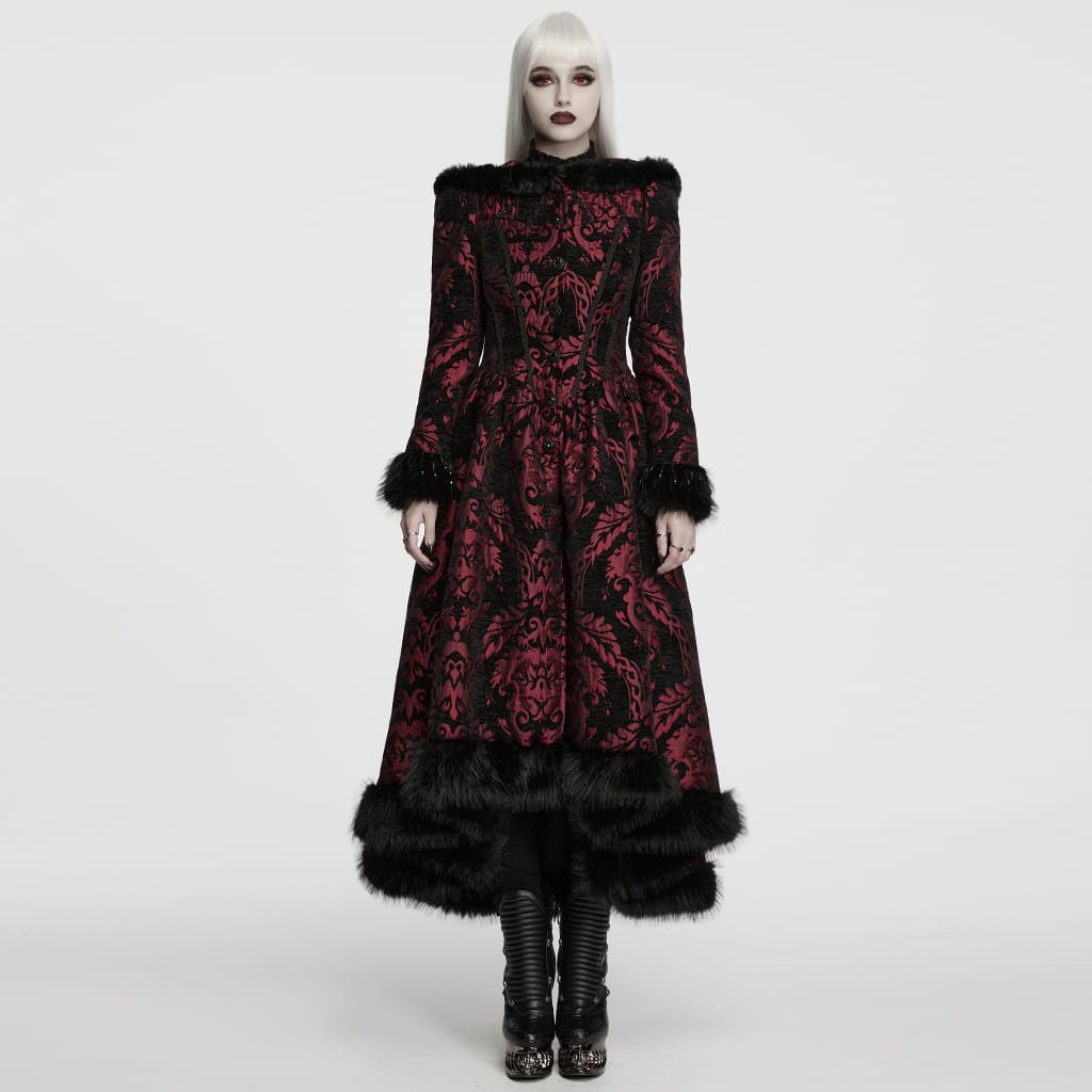 PUNK RAVE Women's Gothic Jacquard Lace-up Faux Fur Trim Long Jacket Red