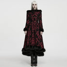 PUNK RAVE Women's Gothic Jacquard Lace-up Faux Fur Trim Long Jacket Red