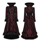 PUNK RAVE Women's Gothic Jacquard Lace-up Faux Fur Trim Long Jacket Red