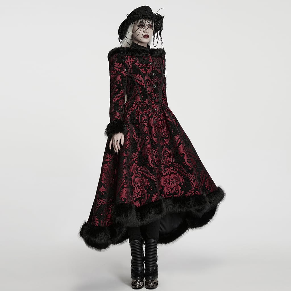 PUNK RAVE Women's Gothic Jacquard Lace-up Faux Fur Trim Long Jacket Red