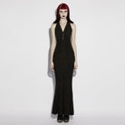 PUNK RAVE Women's Gothic Jacquard Plunging Ruched Halterneck Dress Graduation Dress