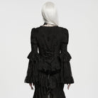 PUNK RAVE Women's Gothic Jacquard Plunging V-Neck Puff Flare Sleeve Shirt