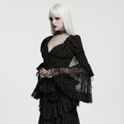 PUNK RAVE Women's Gothic Jacquard Plunging V-Neck Puff Flare Sleeve Shirt
