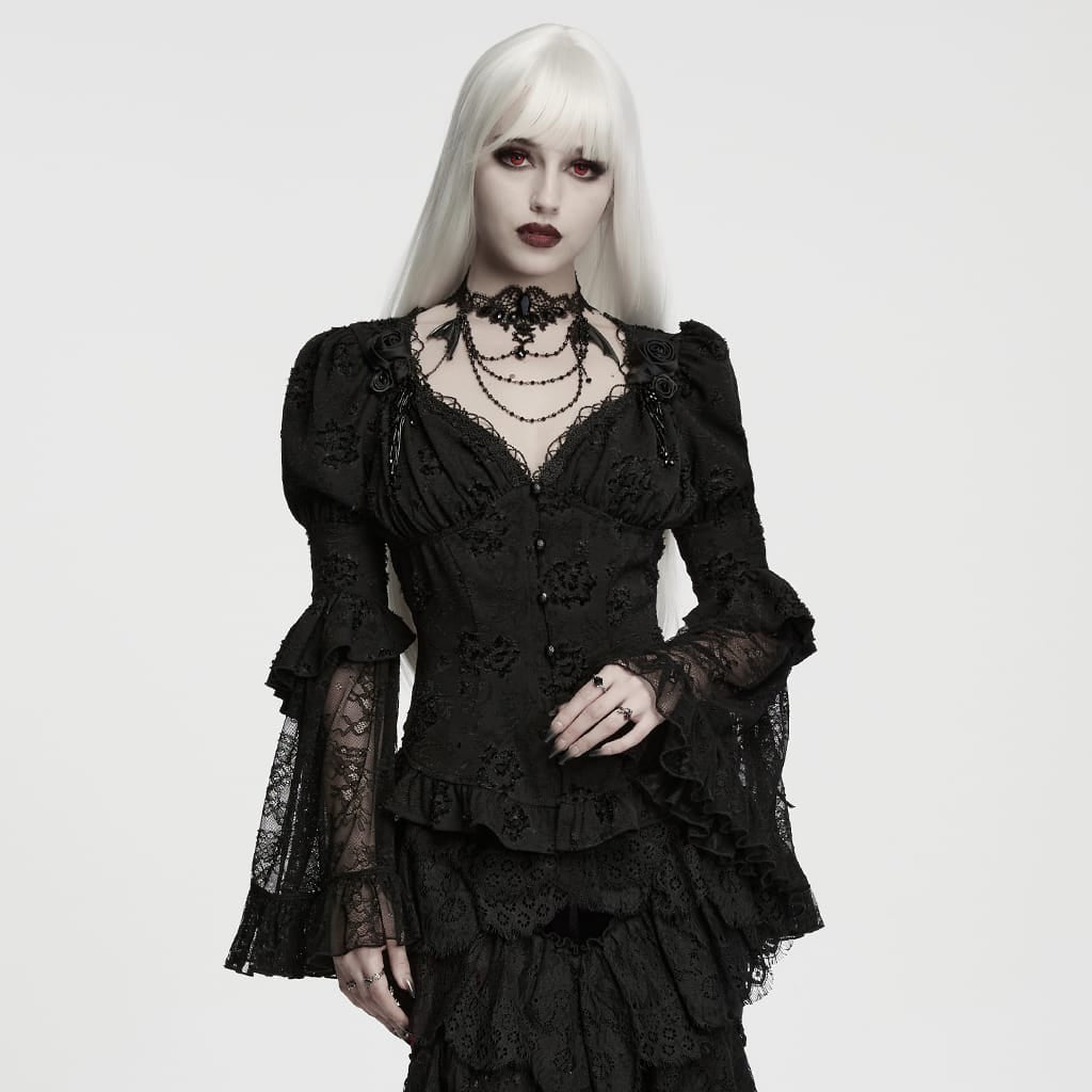 PUNK RAVE Women's Gothic Jacquard Plunging V-Neck Puff Flare Sleeve Shirt