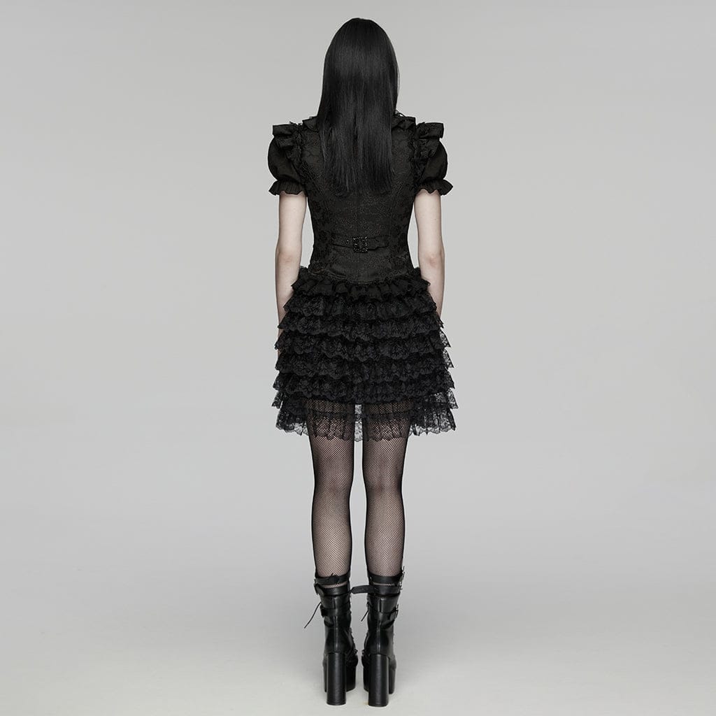 PUNK RAVE Women's Gothic Jacquard Ruffled Layered Skirt Vest