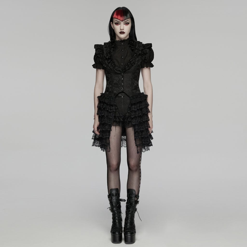 PUNK RAVE Women's Gothic Jacquard Ruffled Layered Skirt Vest