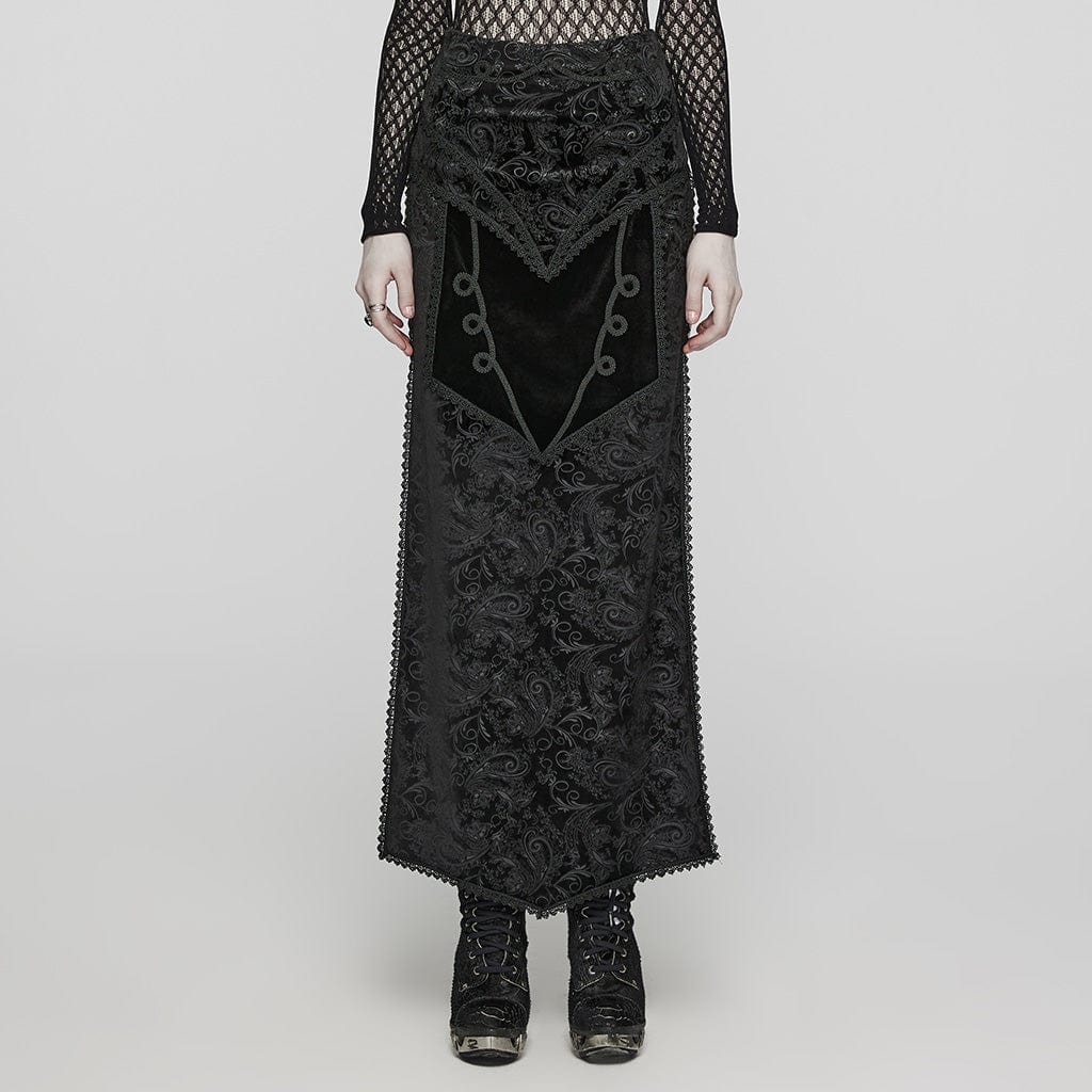 PUNK RAVE Women's Gothic Jacquard Side Slit Lace-Up Long Skirt