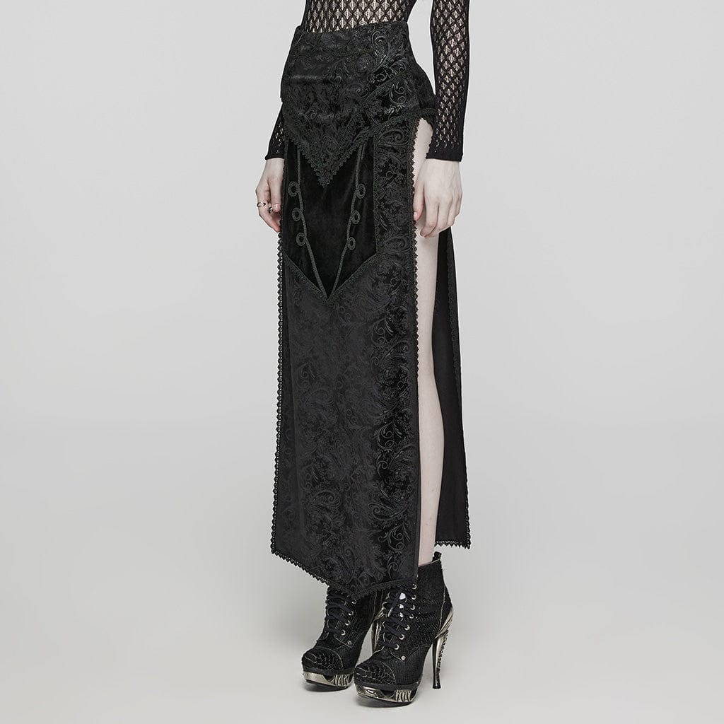 PUNK RAVE Women's Gothic Jacquard Side Slit Lace-Up Long Skirt