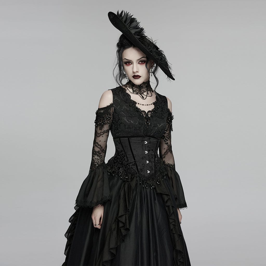 PUNK RAVE Women's Gothic Jacquard Tassels Underbust Corset Black