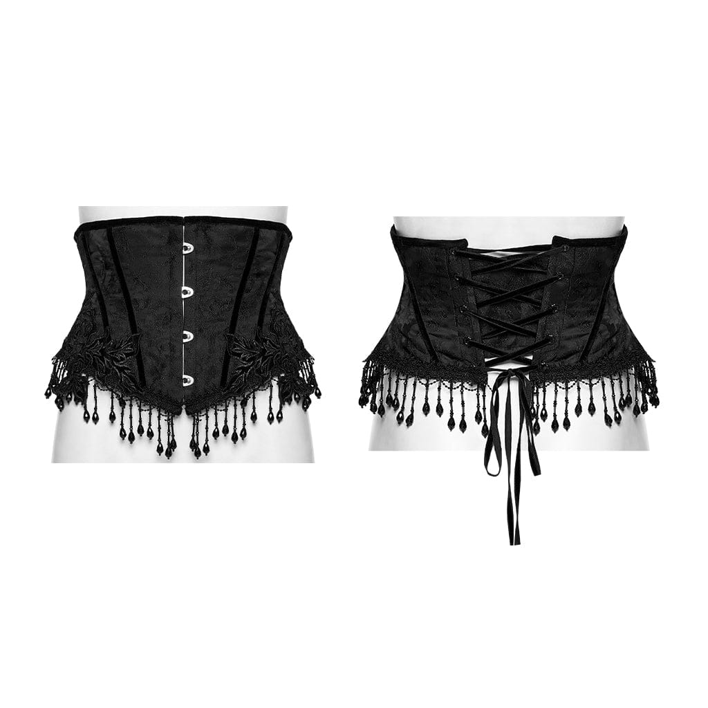 PUNK RAVE Women's Gothic Jacquard Tassels Underbust Corset Black