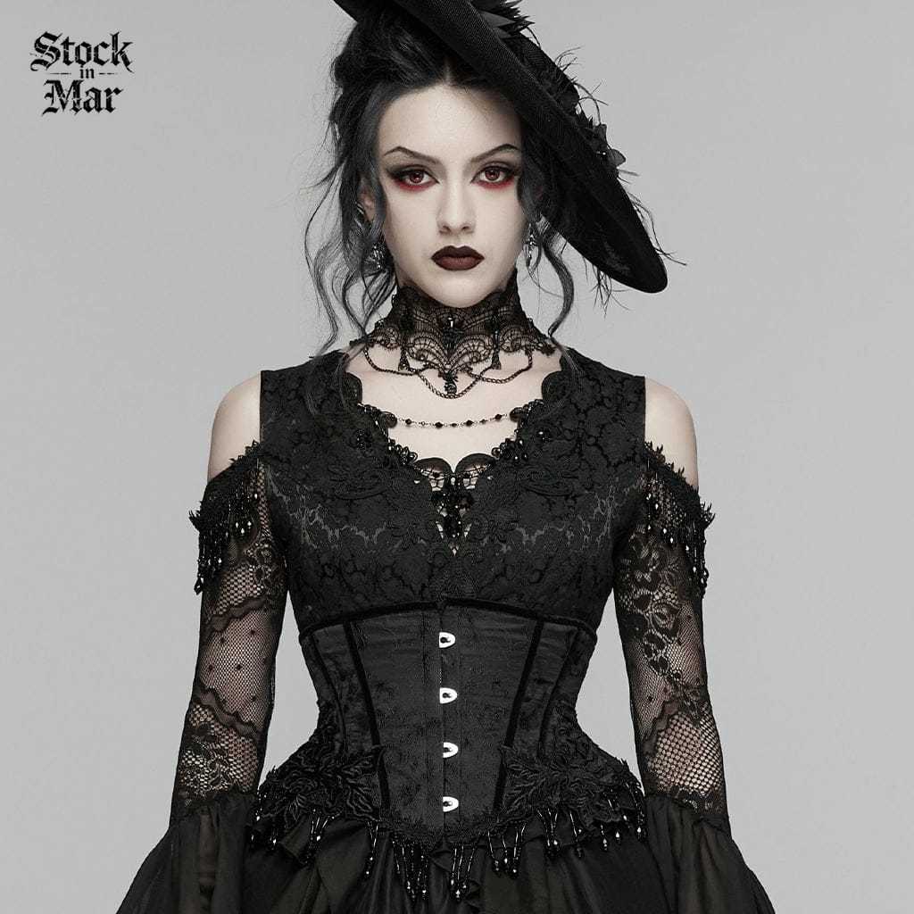 PUNK RAVE Women's Gothic Jacquard Tassels Underbust Corset Black