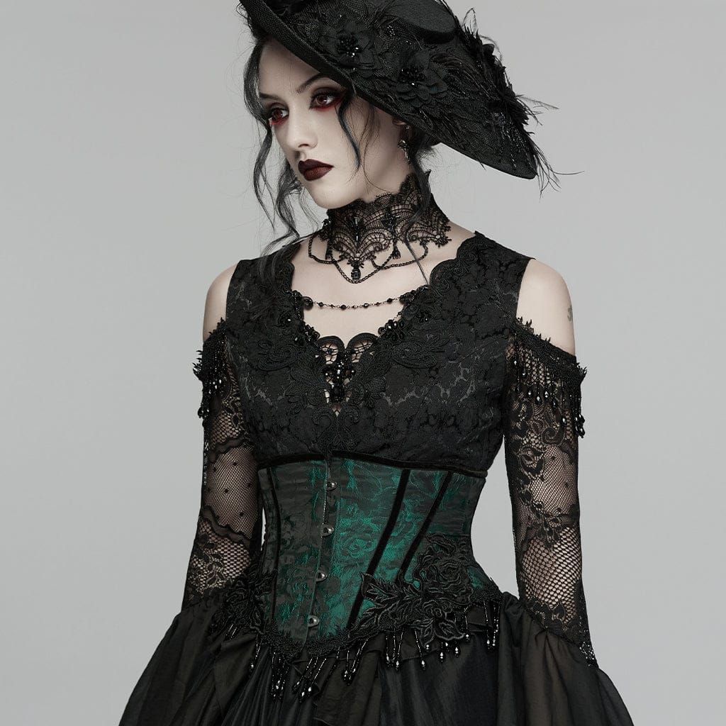 PUNK RAVE Women's Gothic Jacquard Tassels Underbust Corset Black-Green
