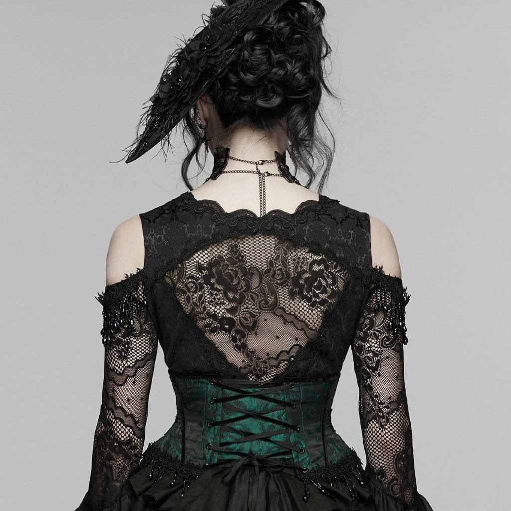 PUNK RAVE Women's Gothic Jacquard Tassels Underbust Corset Black-Green