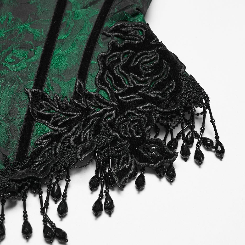 PUNK RAVE Women's Gothic Jacquard Tassels Underbust Corset Black-Green