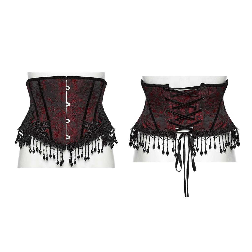 PUNK RAVE Women's Gothic Jacquard Tassels Underbust Corset Black-Red