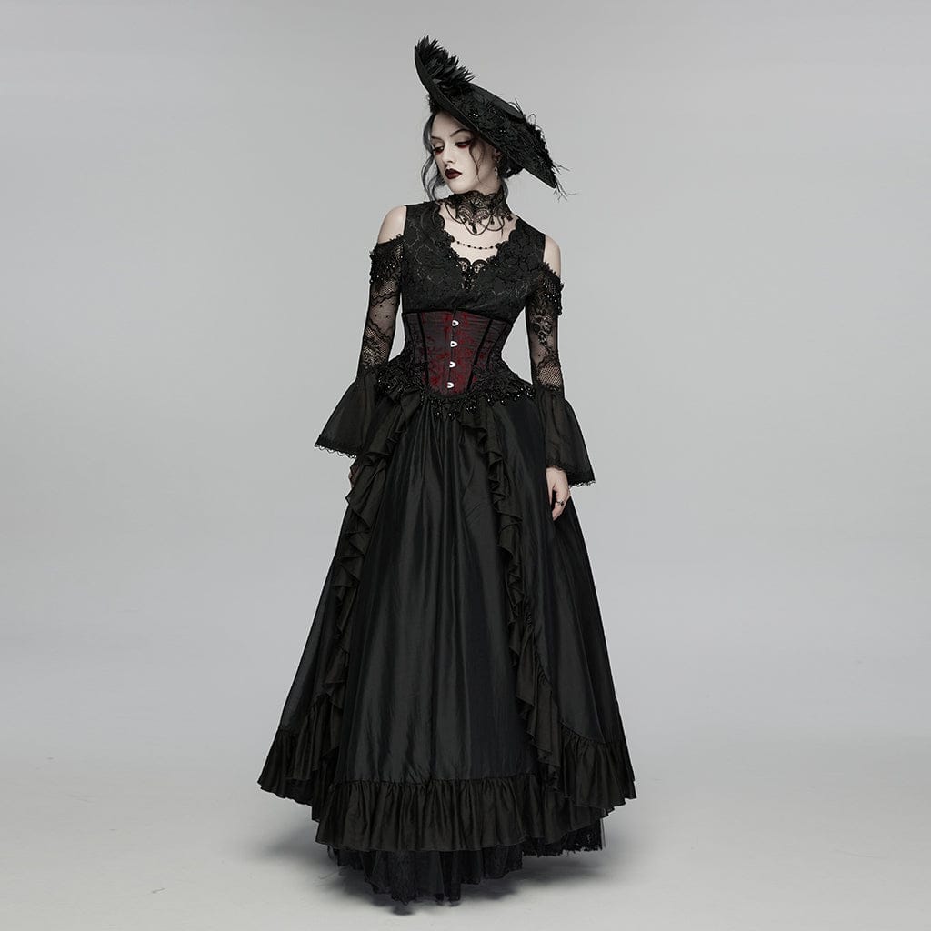 Women's Gothic Jacquard Tassels Underbust Corset Black-Red – Punk
