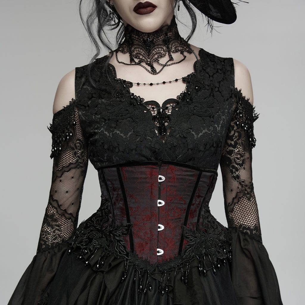 PUNK RAVE Women's Gothic Jacquard Tassels Underbust Corset Black-Red