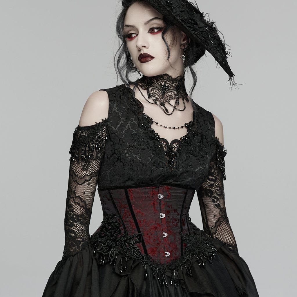 Women's Gothic Jacquard Tassels Underbust Corset Black-Red – Punk
