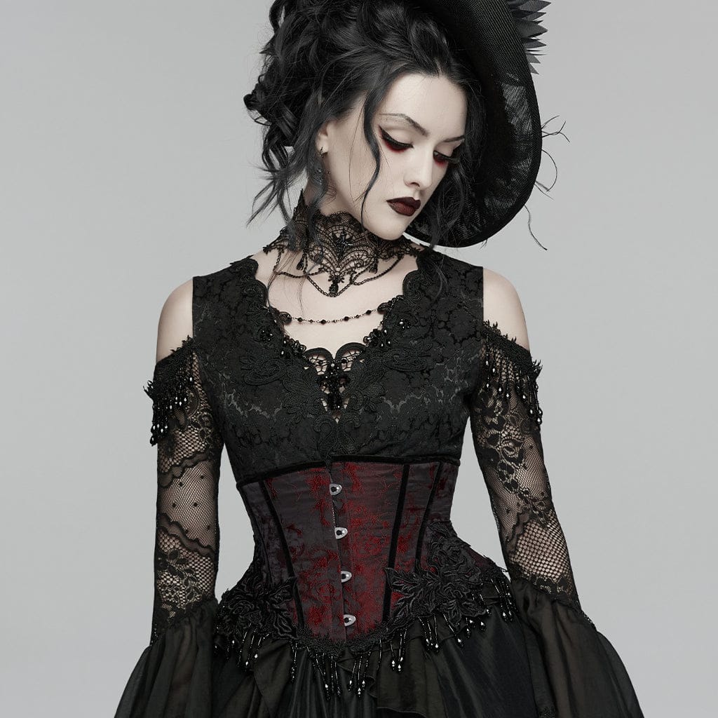 Women's Gothic Jacquard Tassels Underbust Corset Black-Red – Punk