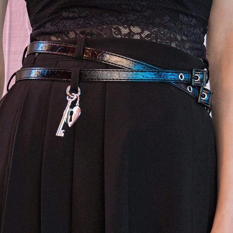 PUNK RAVE Women's Gothic Key&Lock Plaid Pleated Skirts With PU Belt