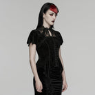 PUNK RAVE Women's Gothic Lace Cutout Rose Printed Velvet Short Sleeved Top