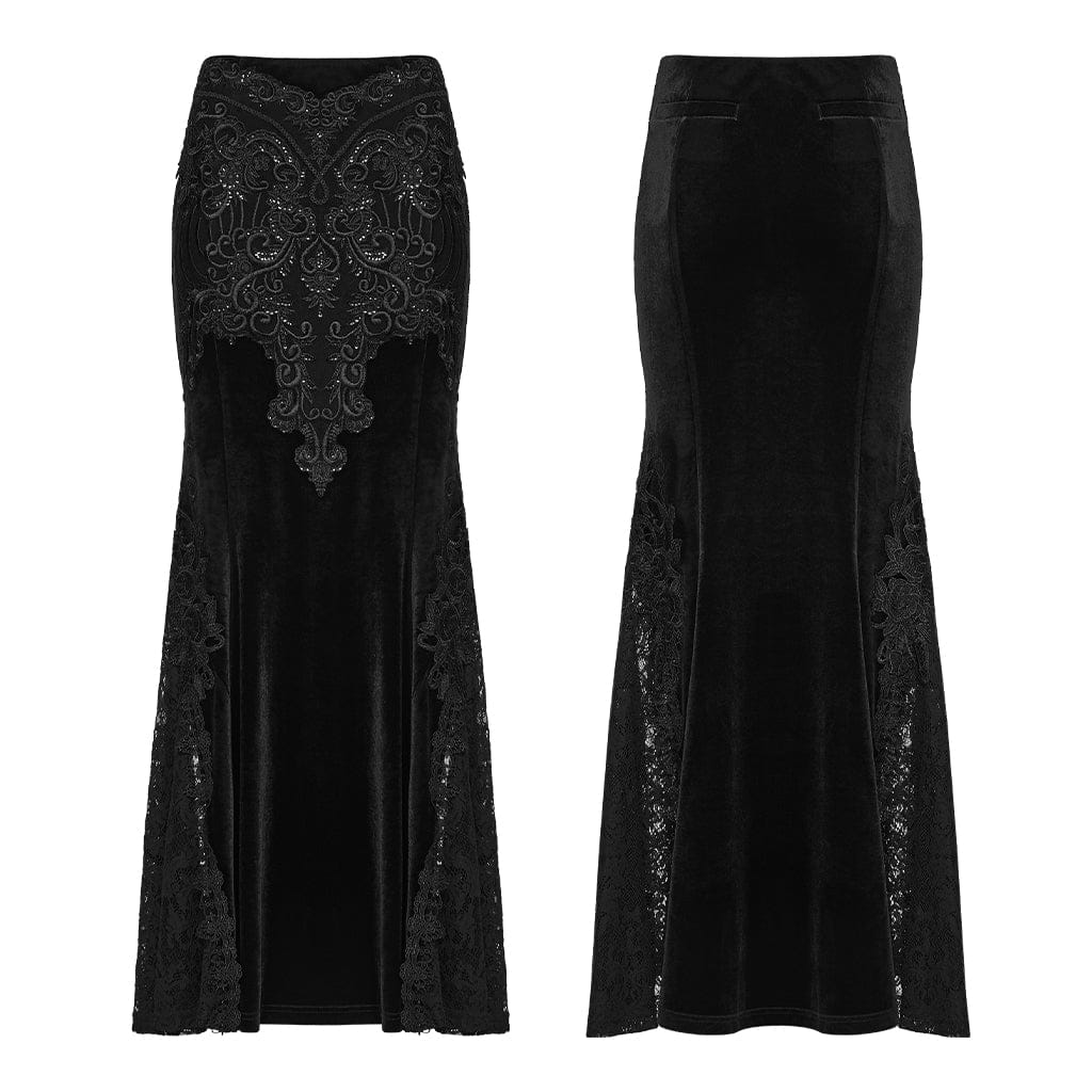 PUNK RAVE Women's Gothic Lace Embroidered Velvet Skirt