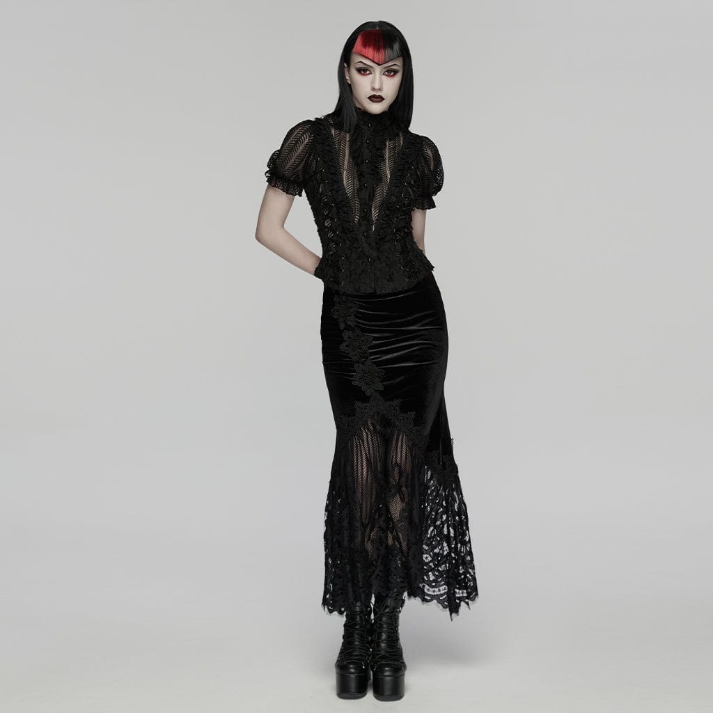 PUNK RAVE Women's Gothic Lace Ruched Fishtail Velvet Skirt Black