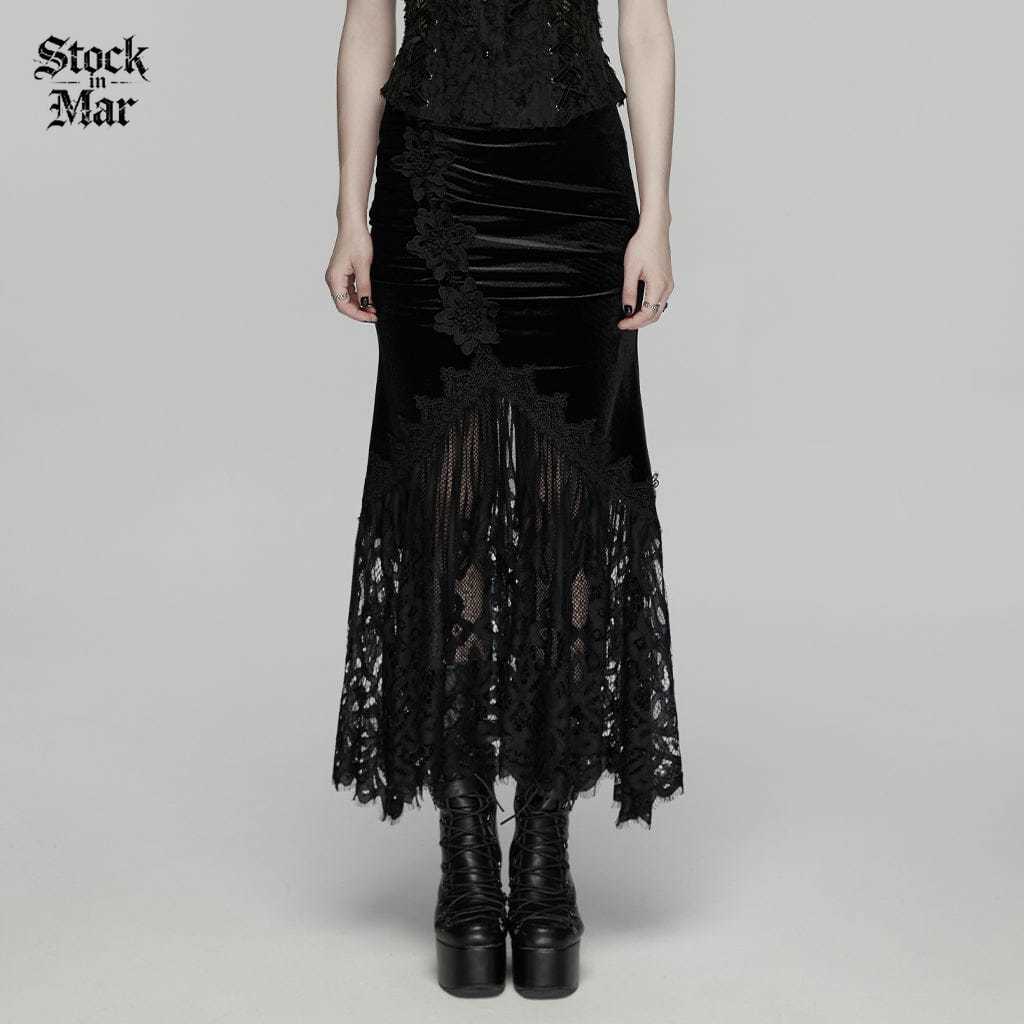 PUNK RAVE Women's Gothic Lace Ruched Fishtail Velvet Skirt Black