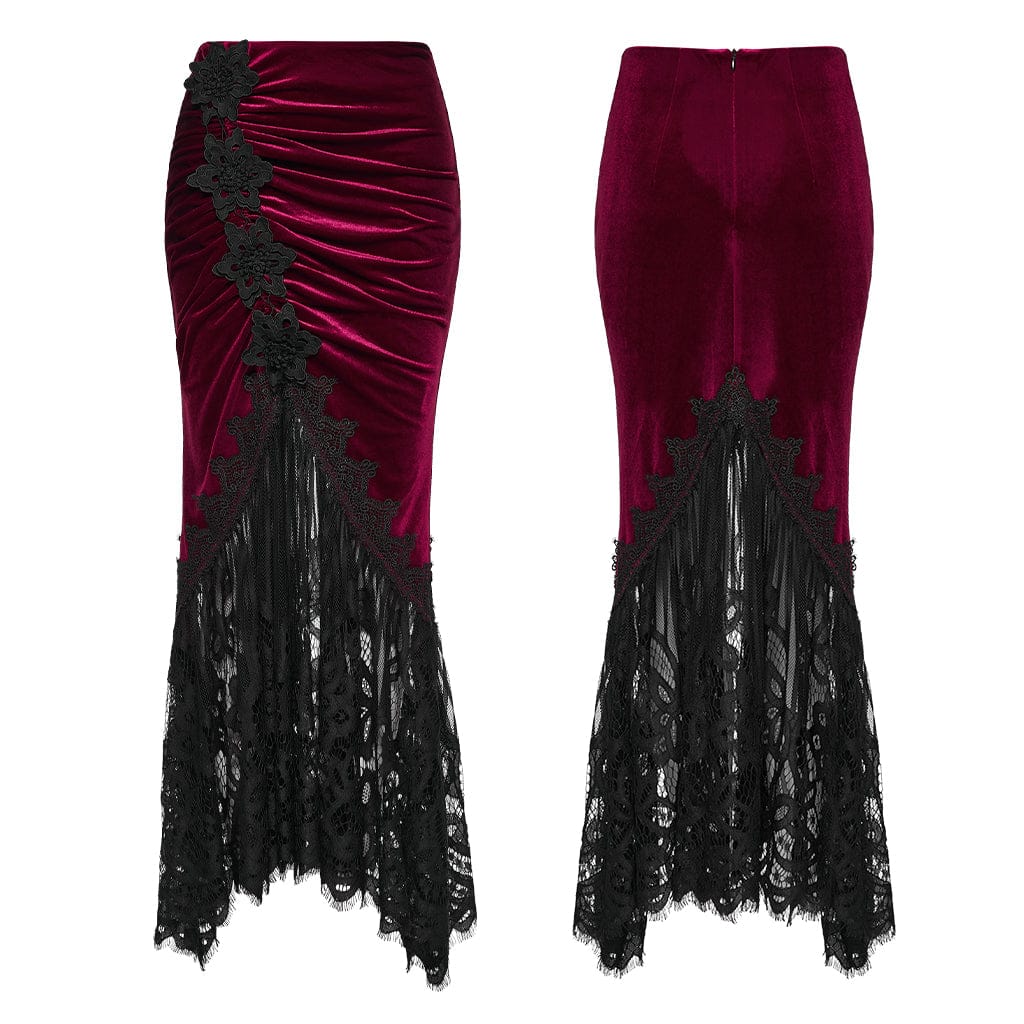 PUNK RAVE Women's Gothic Lace Ruched Fishtail Velvet Skirt Black-Red