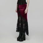 PUNK RAVE Women's Gothic Lace Ruched Fishtail Velvet Skirt Black-Red