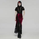 PUNK RAVE Women's Gothic Lace Ruched Fishtail Velvet Skirt Black-Red