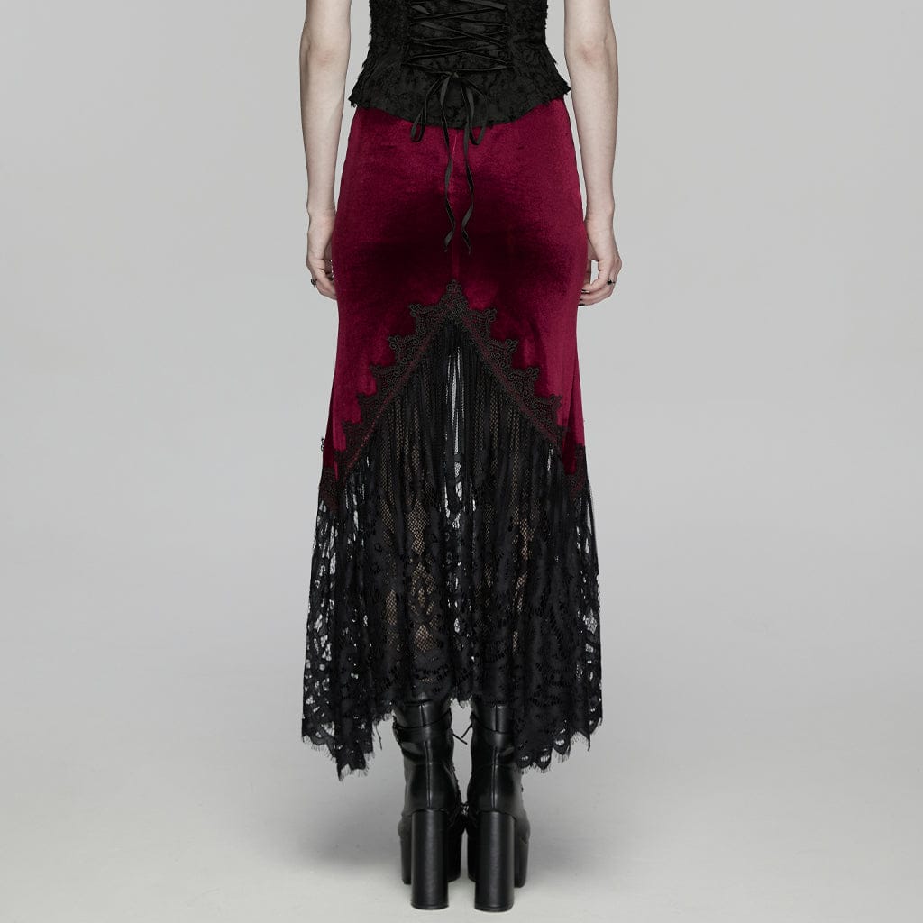 PUNK RAVE Women's Gothic Lace Ruched Fishtail Velvet Skirt Black-Red