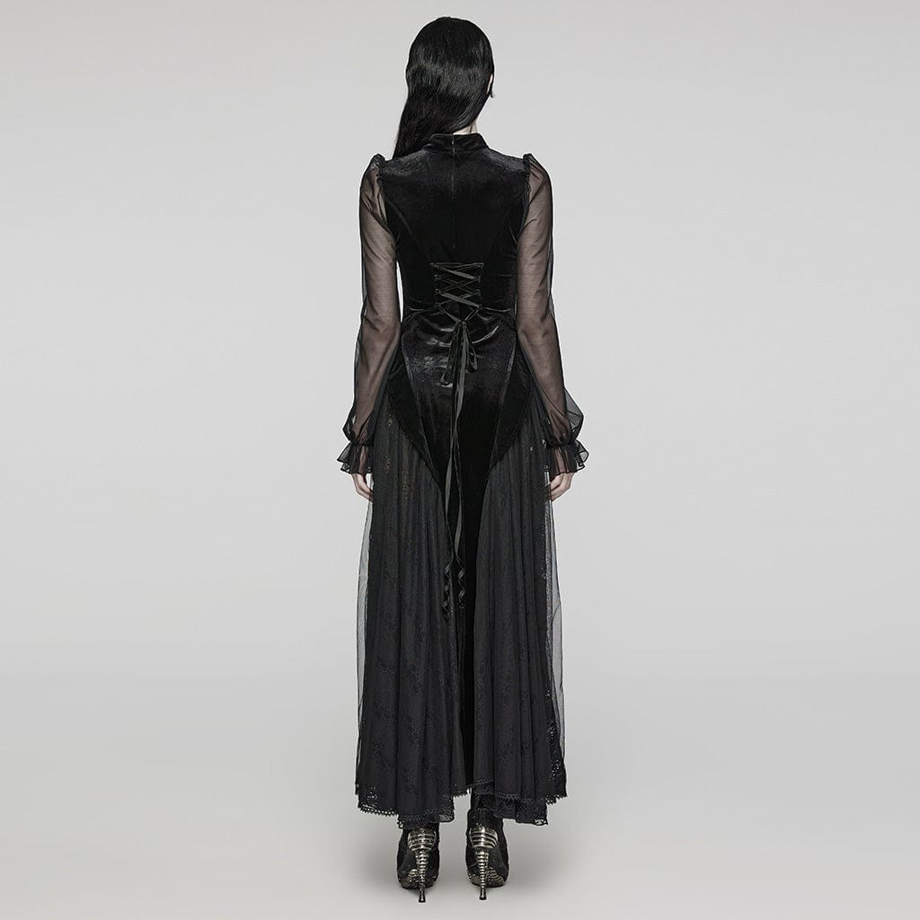 PUNK RAVE Women's Gothic Lace Ruffled Lace-Up Maxi Dress