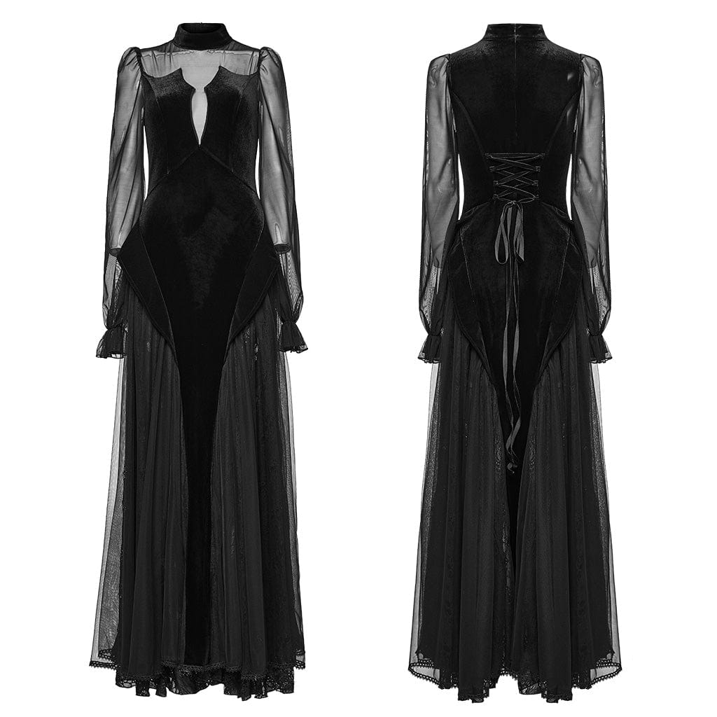 PUNK RAVE Women's Gothic Lace Ruffled Lace-Up Maxi Dress