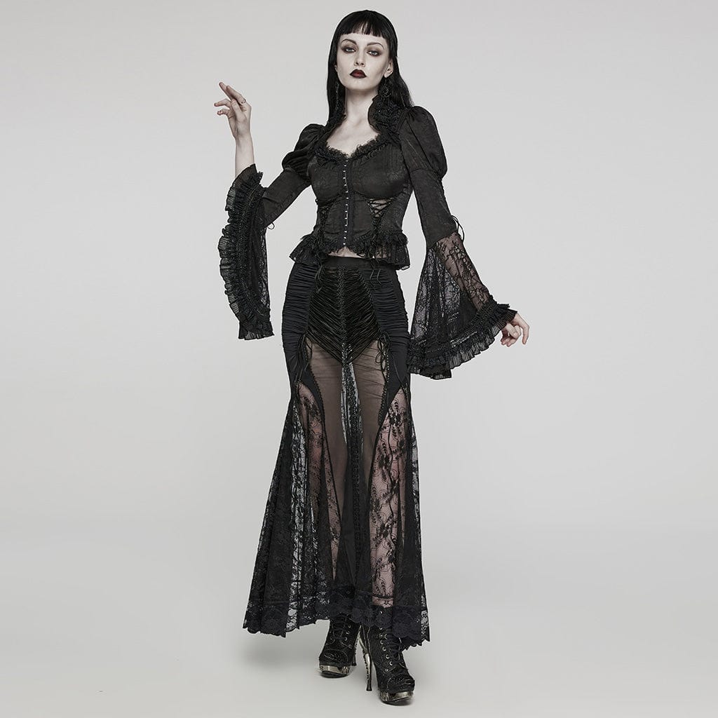 PUNK RAVE Women's Gothic Lace Sheer Wrapped Hip Long Skirt