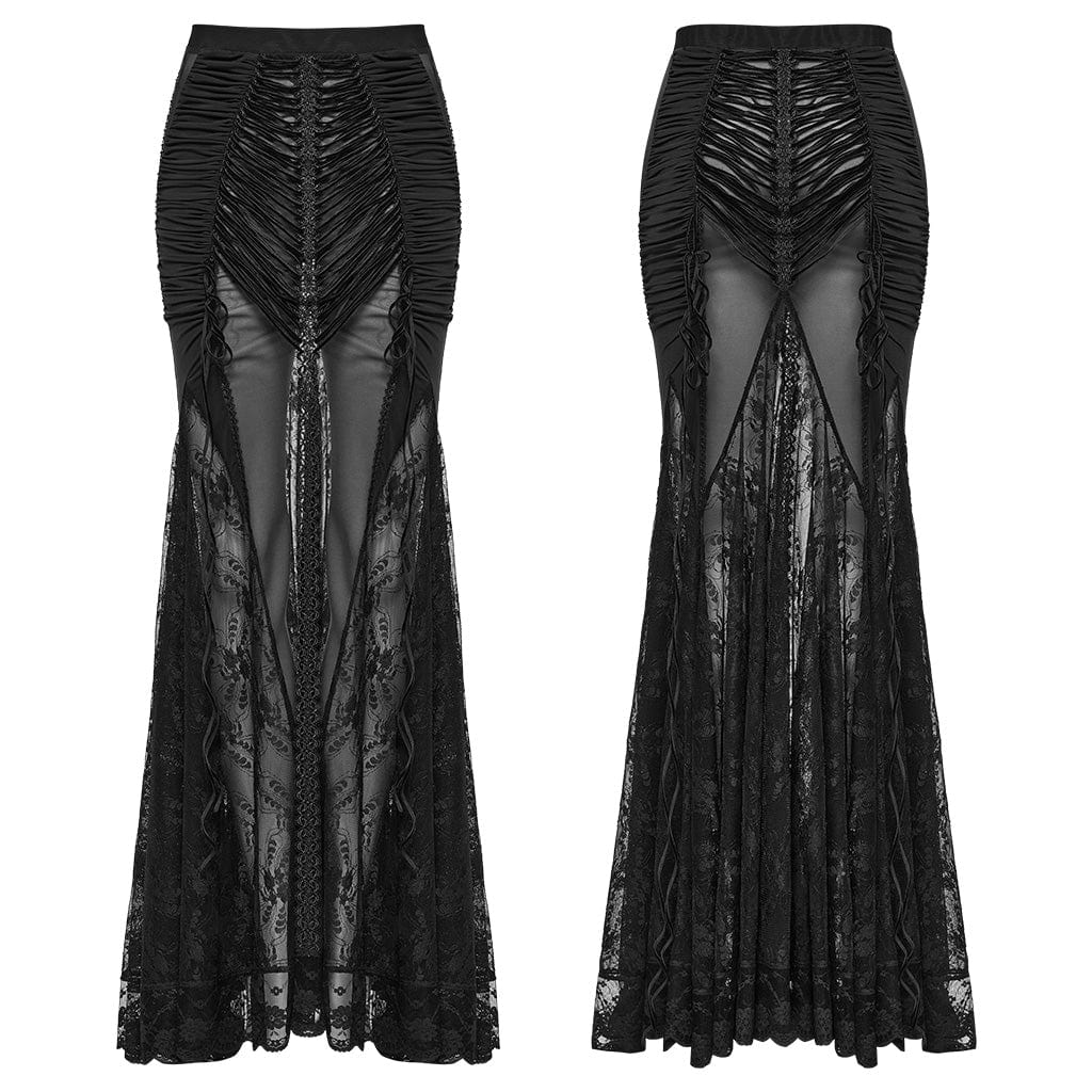 PUNK RAVE Women's Gothic Lace Sheer Wrapped Hip Long Skirt