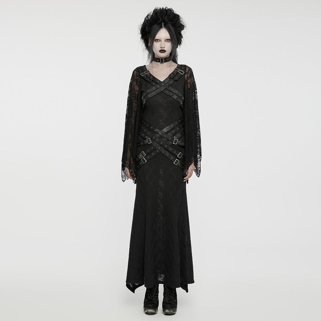 PUNK RAVE Women's Gothic Lace Sleeved Buckle Strap Splice Party Dress