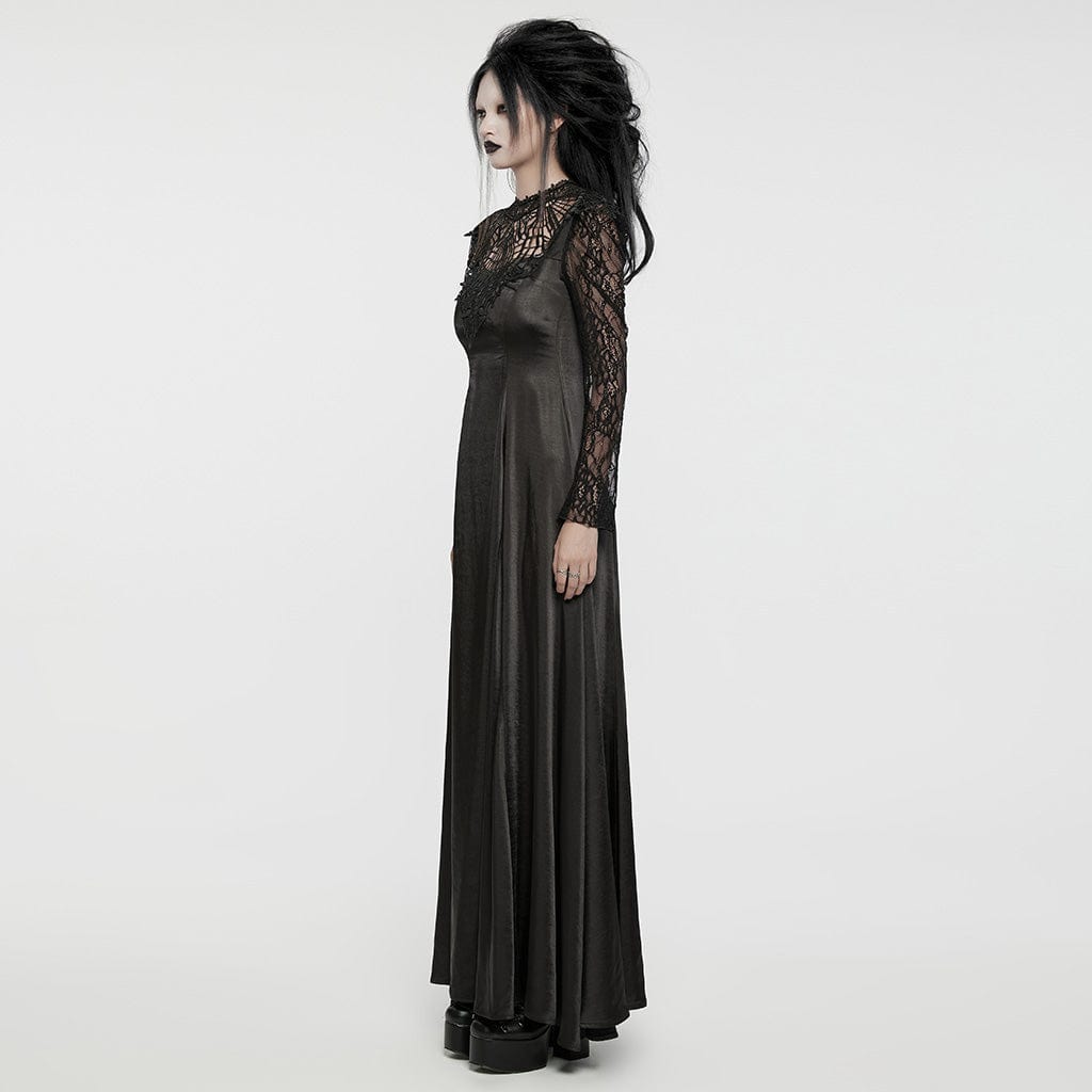 PUNK RAVE Women's Gothic Lace Sleeved Lace-up Ball Gown Dress