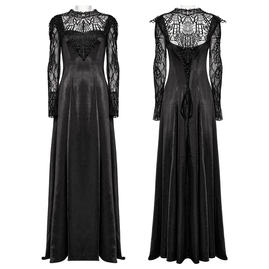 PUNK RAVE Women's Gothic Lace Sleeved Lace-up Ball Gown Dress