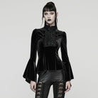 PUNK RAVE Women's Gothic Lace Splice Bell Sleeved Top Black