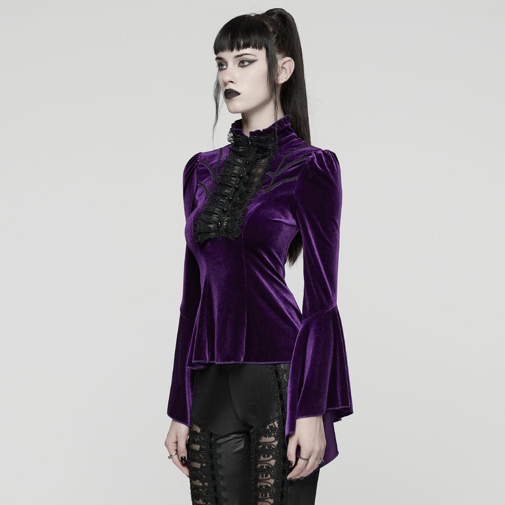 PUNK RAVE Women's Gothic Lace Splice Bell Sleeved Top Violet