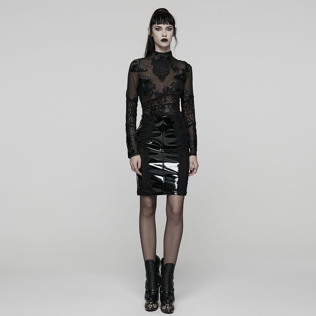 PUNK RAVE Women's Gothic Lace Splice Faux Leather Skirt